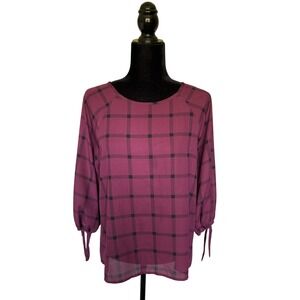 Papermoon Womens Crimson & Black Plaid 3/4 Sleeve Blouse With Back Zipper Size M